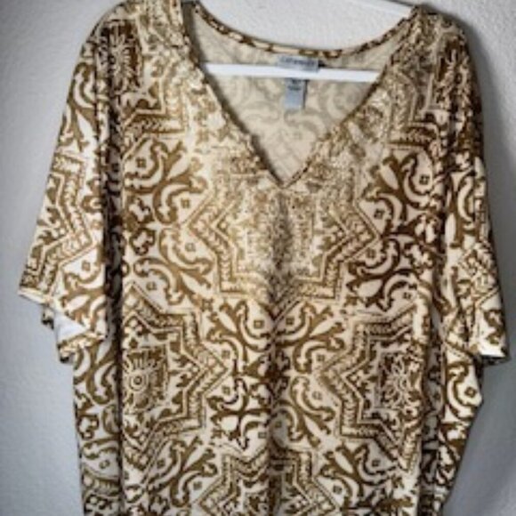 Catherines Blouse Womens Plus Size 4X White Yellow Boho Embellished Short Sleeve - Picture 1 of 6